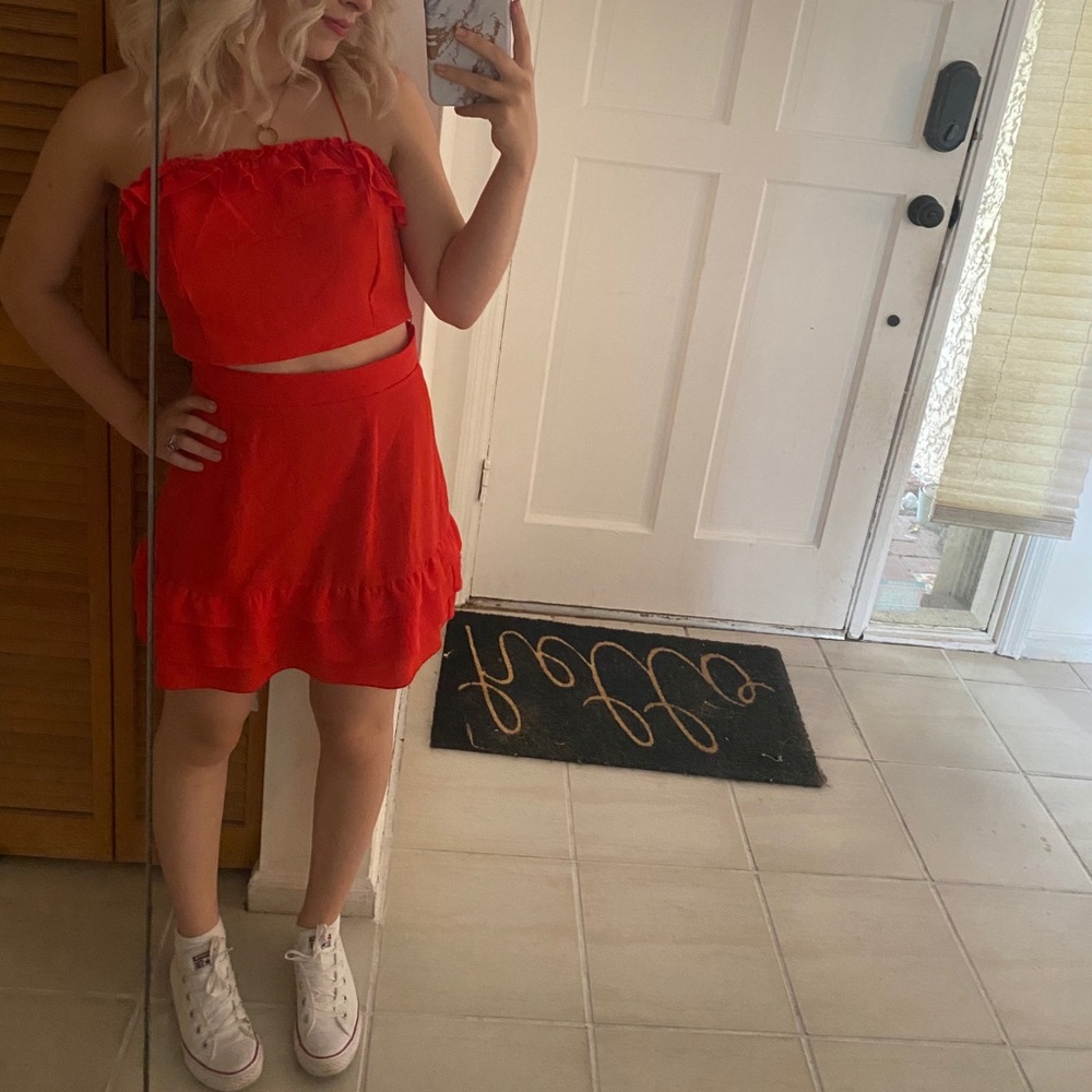 Two piece red skirt crop top set
